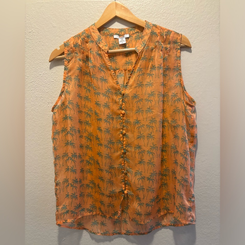 Sheer button up sleeveless blouse with palm trees